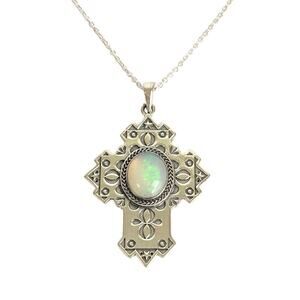 Humanly Krafted Opal Cross Necklace Sterling Silver Pendant 18”‎ - 20” Chain